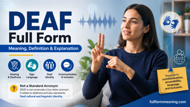 DEAF Full Form meaning and definition with a sign language and hearing communication concept.