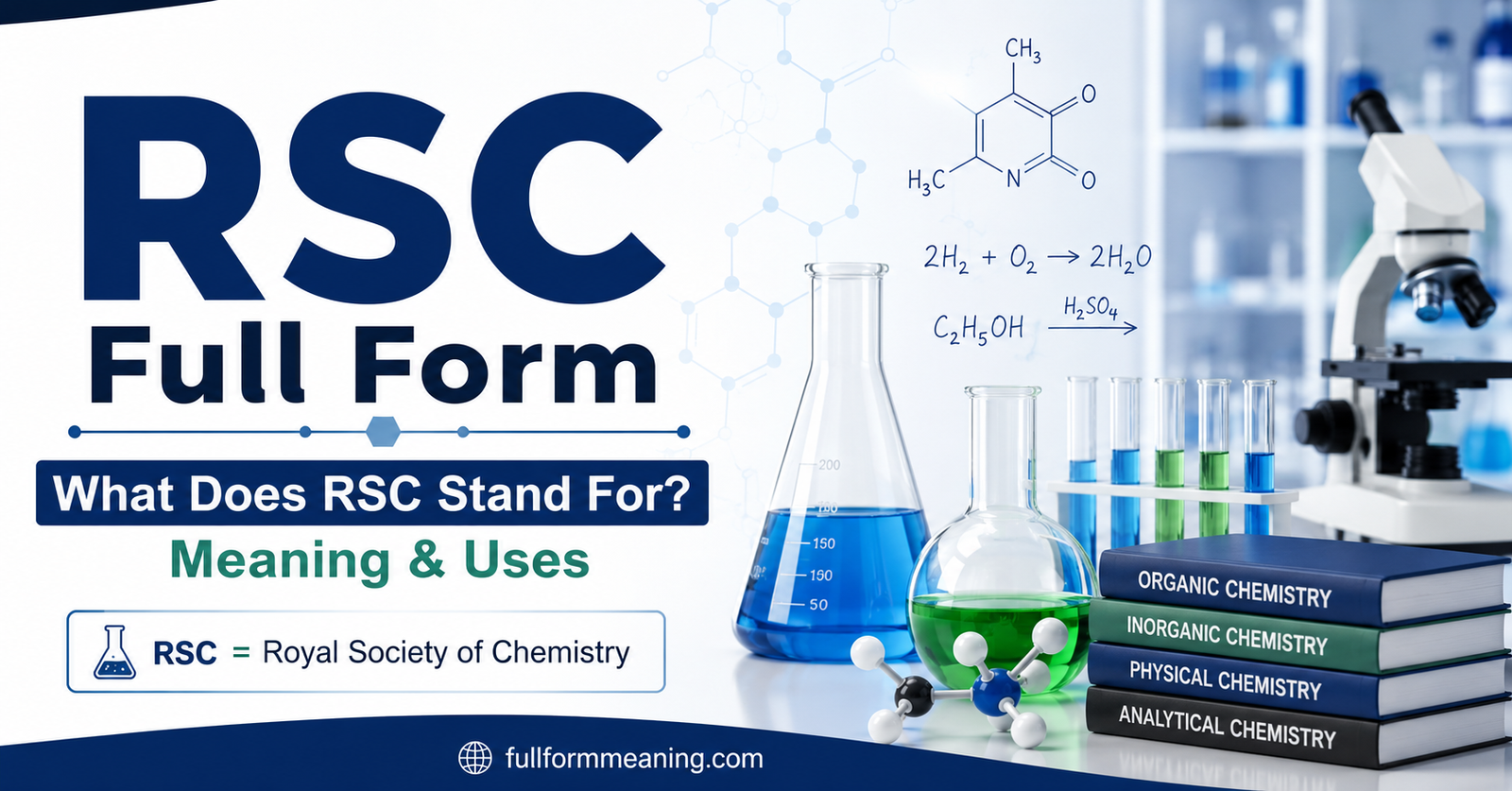 RSC Full Form – Royal Society of Chemistry meaning and uses, with chemistry laboratory glassware, molecular structures, microscope, and chemistry books